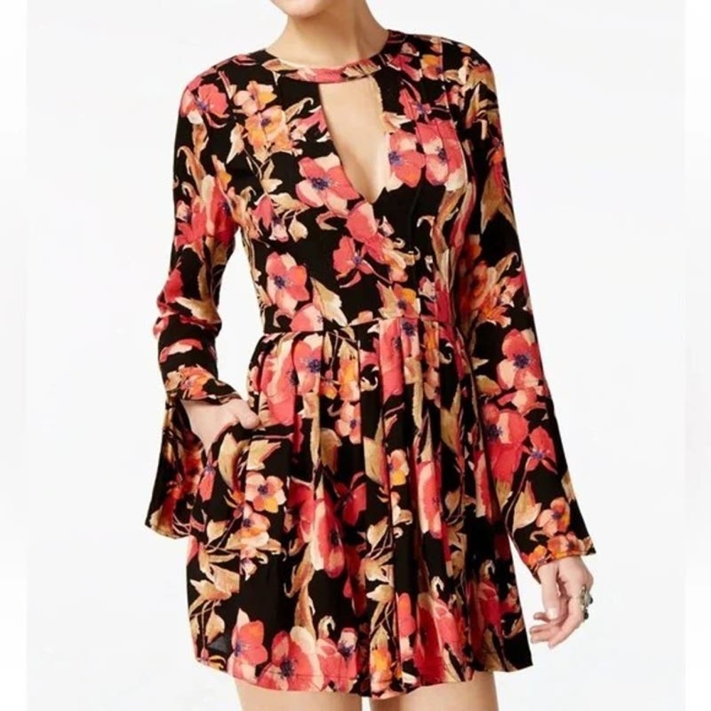 Free People Black Floral Keyhole Long Sleeve Mini Dress